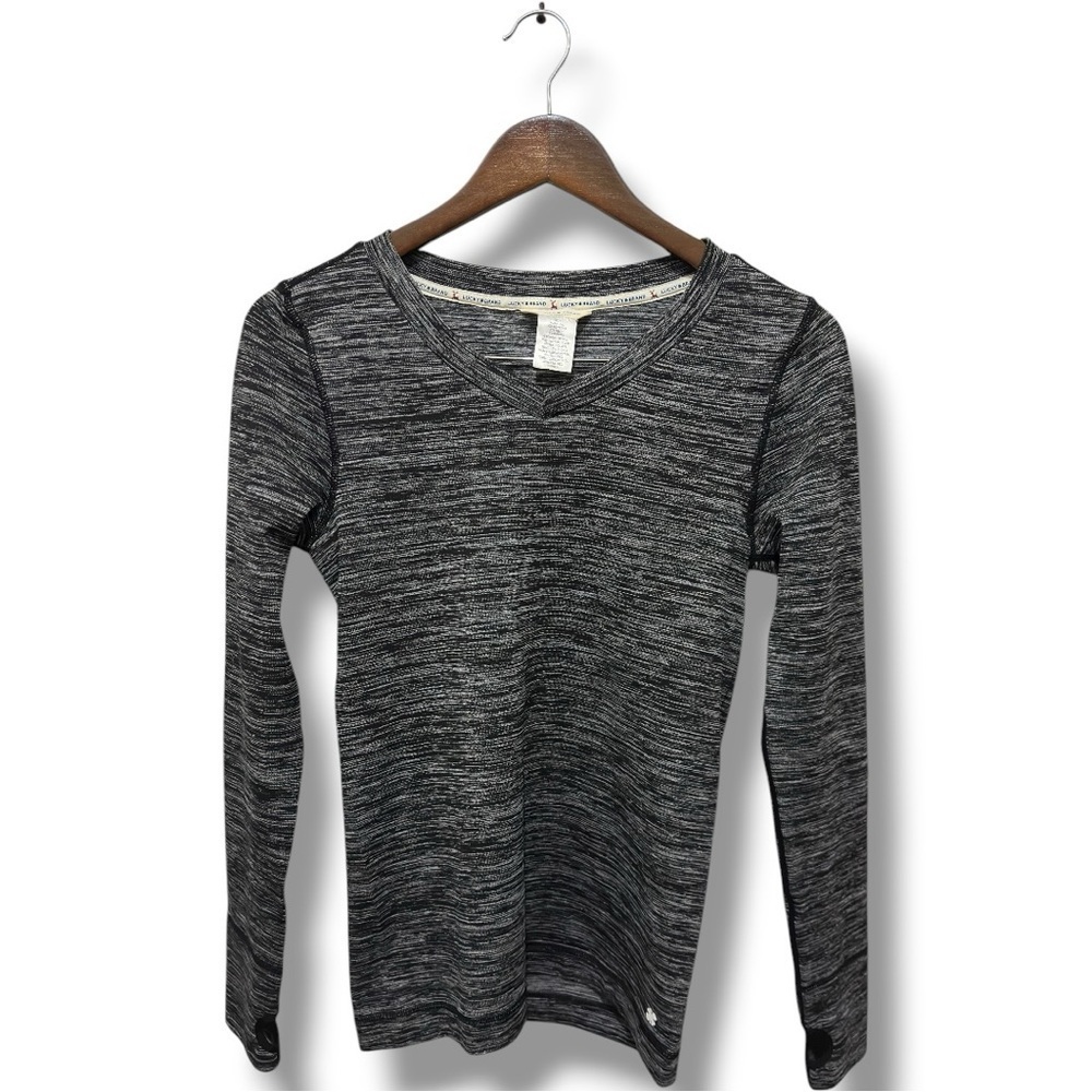 356 Lucky Brand |NWOT Space Dye Black Performance Long Sleeve VNeck Top (Size S) - Picture 3 of 14
